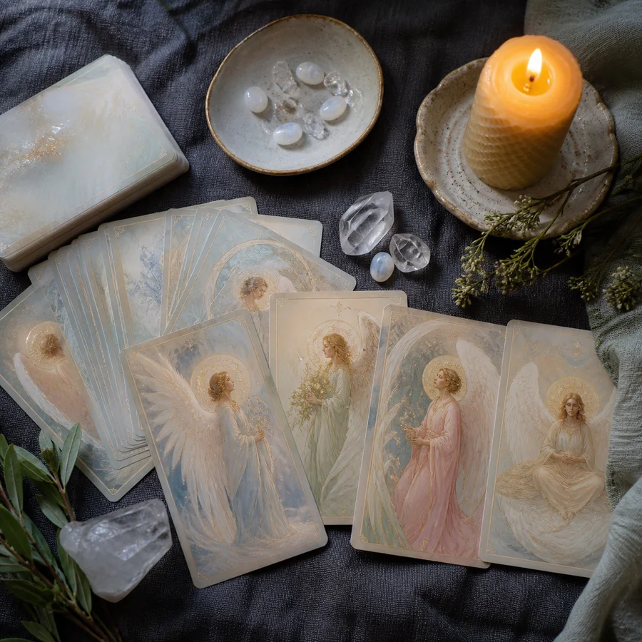 Angel cards on dark linen with crystals and candlelight