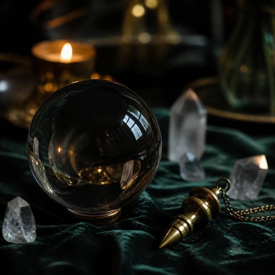 Crystal ball and pendulum by candlelight