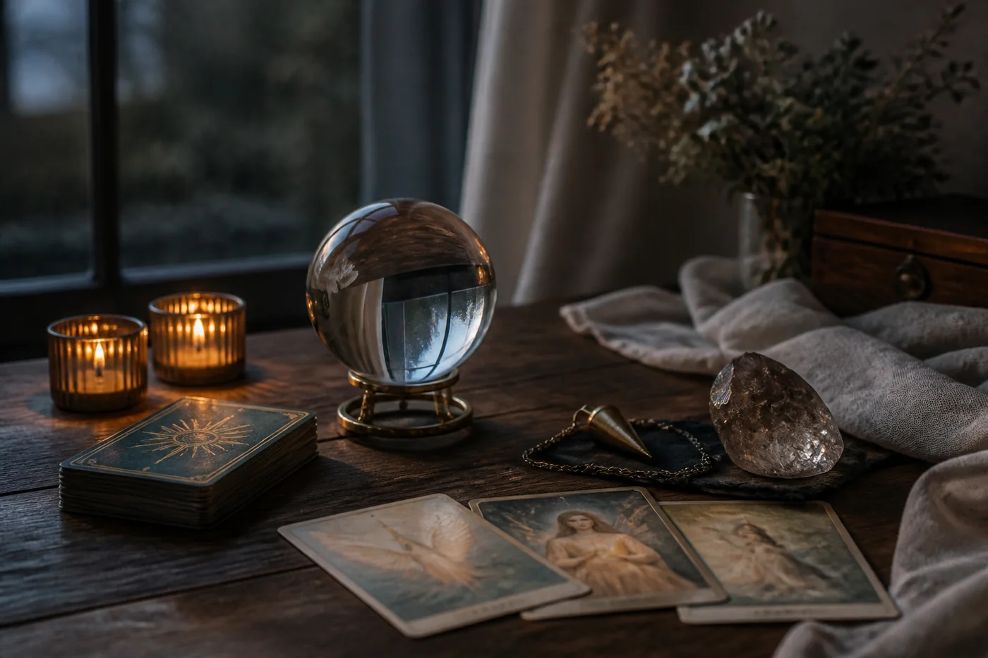 Candlelit table with angel cards, a crystal ball, a pendulum, linen, and smoky quartz